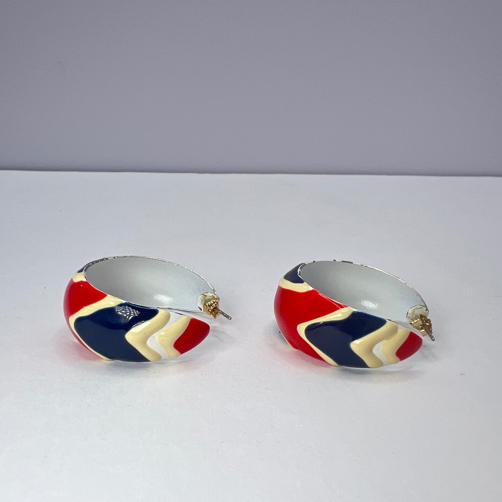 Red White & Blue Enamel Hoop Earrings Abstract Retro Statement Patriotic America